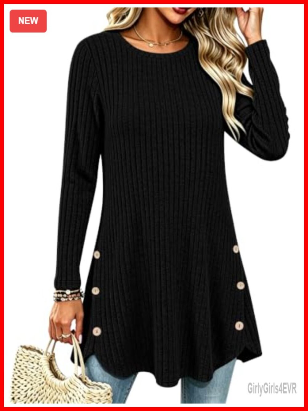 Womens Ribbed Long Sleeve Tunic Top Button Pullover Sweater